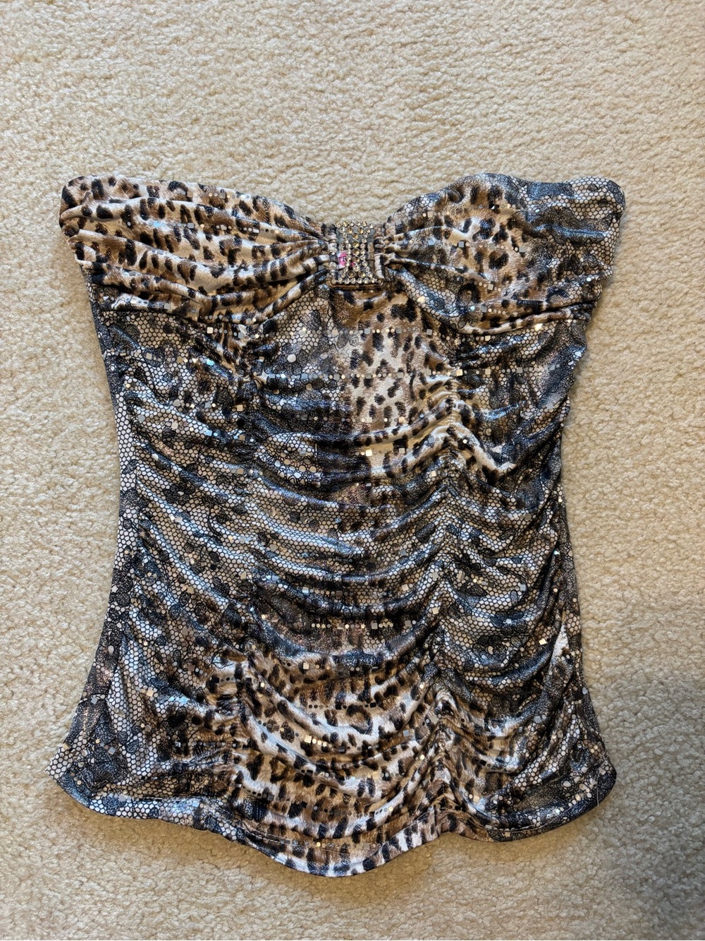Y2K Body Central Strapless Leopard Print Sparkly Top